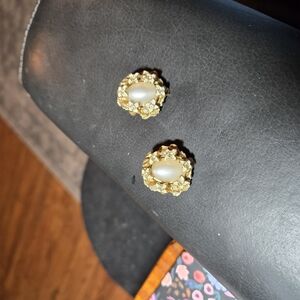 Classic Gold and Cream Circular Earrings with Prong Setting